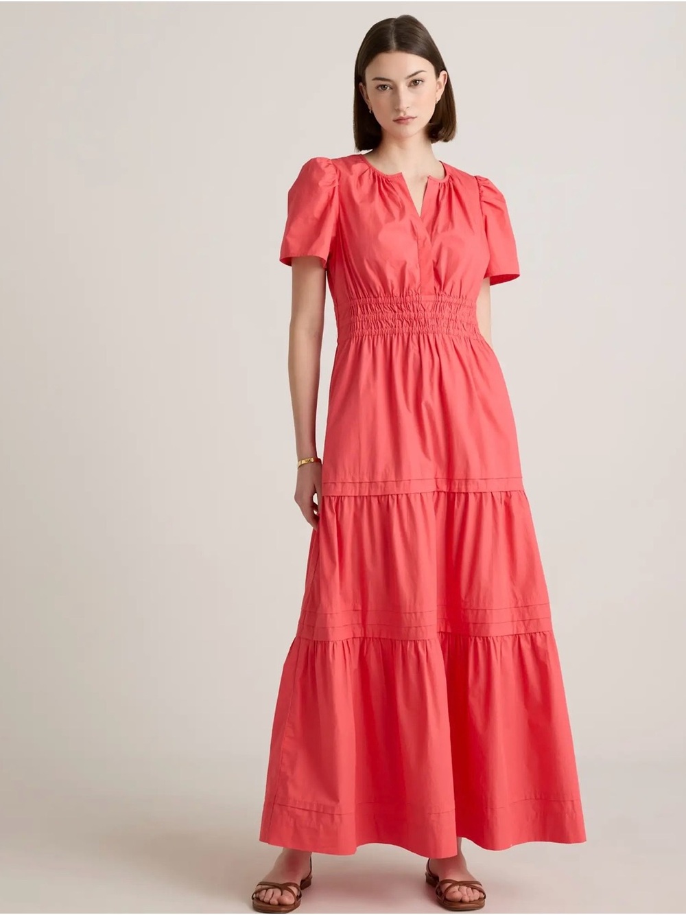 Quince Spiced Coral Organic Cotton Tiered Dress M